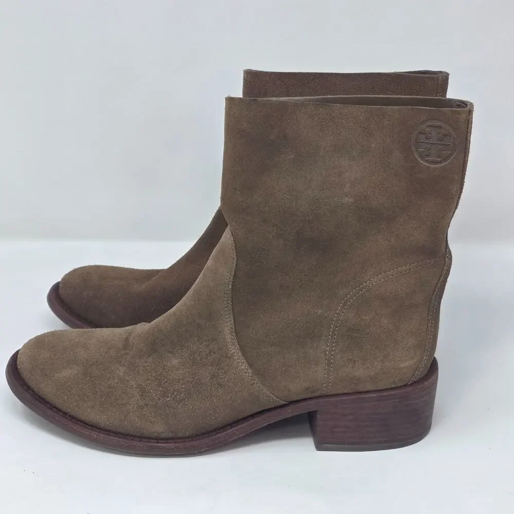 Tory Burch Siena Bootie Womens 9M Brown River Rock embossed Logo Boho Western